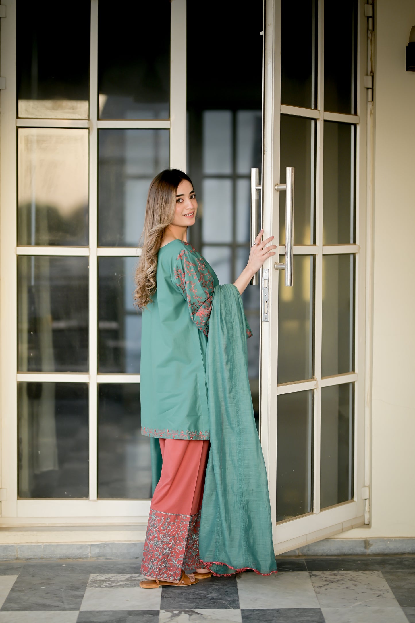 SELENE - LAWN GREEN AND RUST 3 Piece Embroidered (AM030)