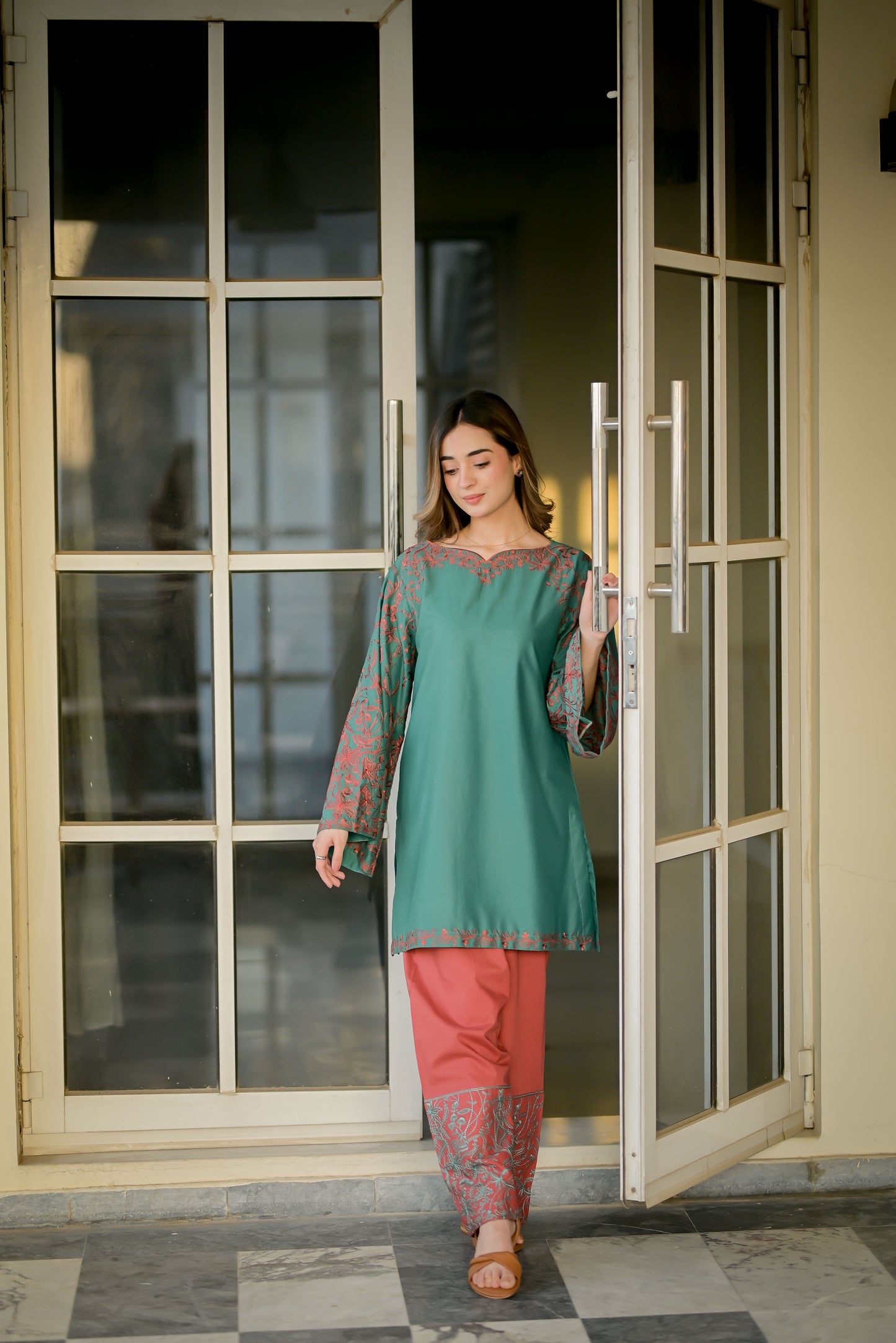 SELENE - LAWN GREEN AND RUST 3 Piece Embroidered (AM030)