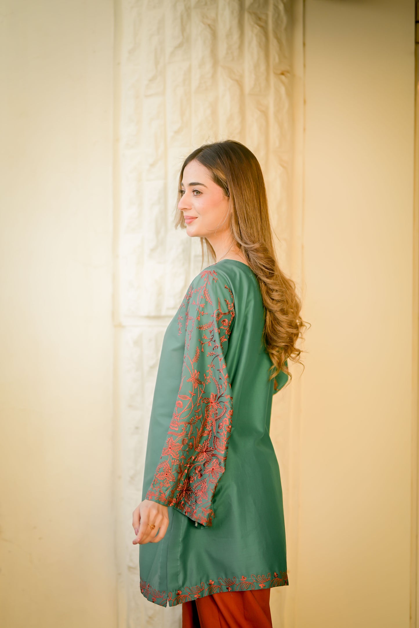 SELENE - LAWN GREEN AND RUST 3 Piece Embroidered (AM030)