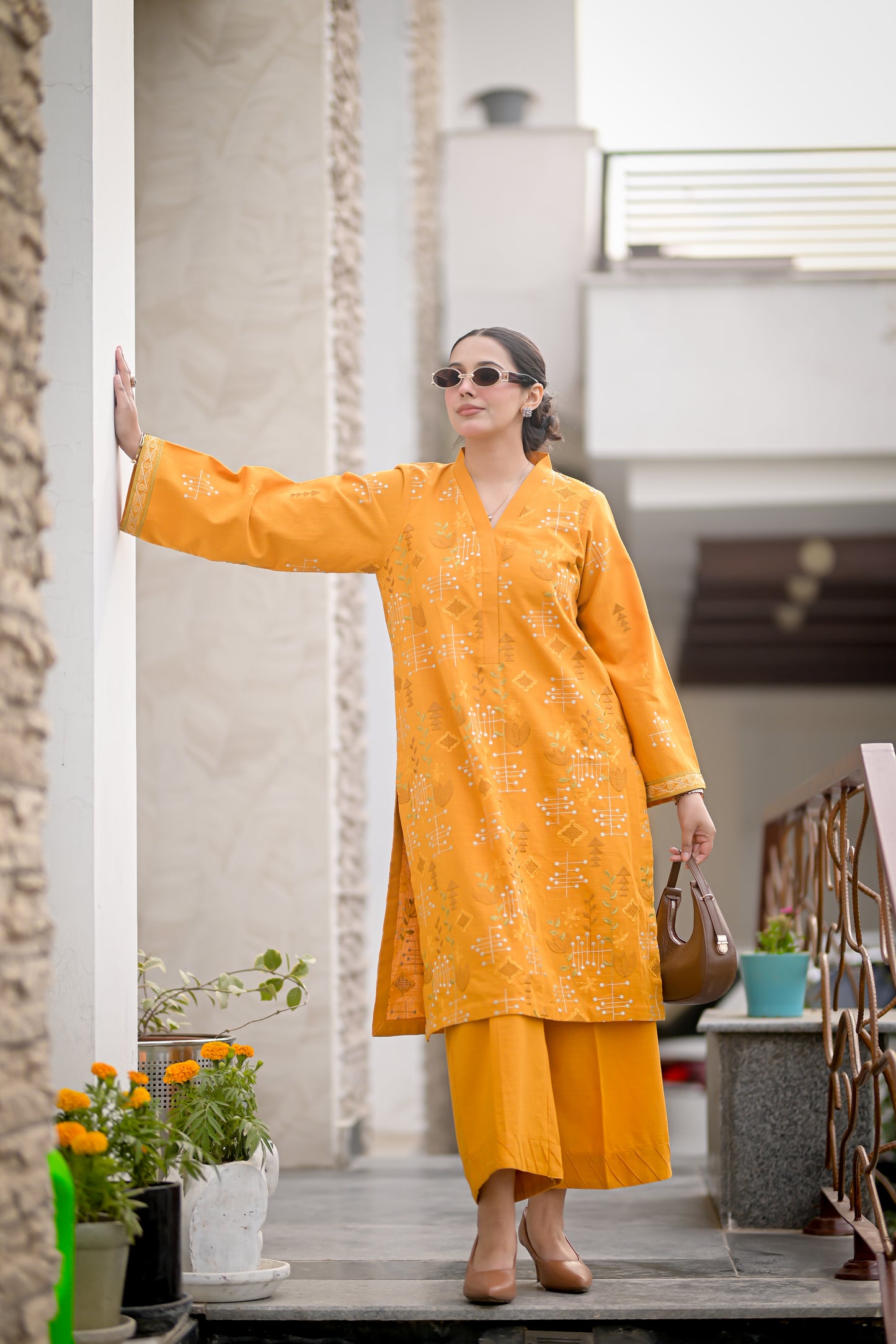 Largia – Mustard Yellow 2 Piece Embroidered Pret (AM025)