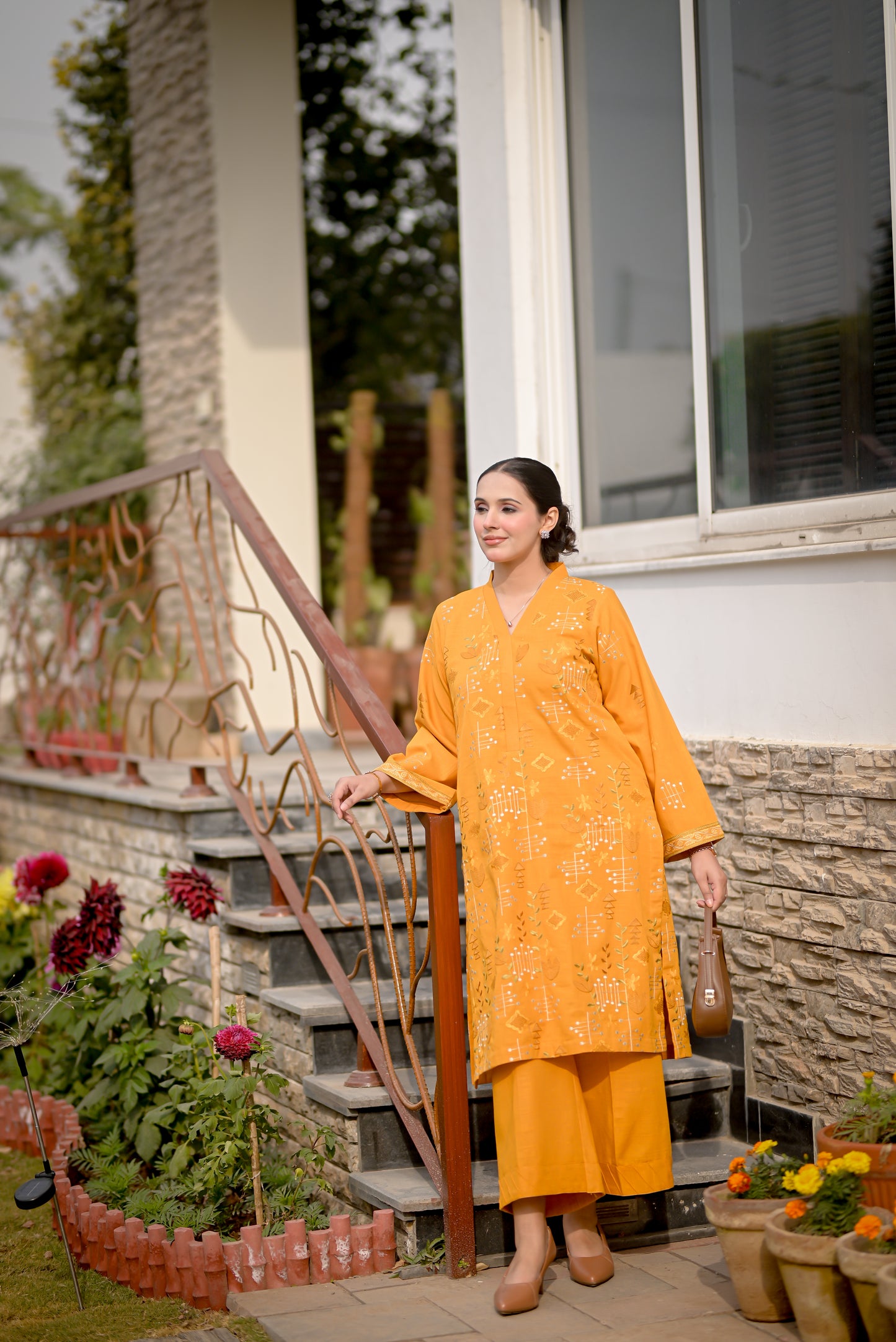 Largia – Mustard Yellow 2 Piece Embroidered Pret (AM025)